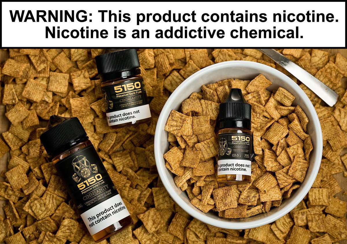 5150eliquid's tweet photo. Drive your tastebudes insane with Cinnsanity our take on Cinnamon Toast Crunch cereal.  WARNING: This product contains nicotine. Nicotine is an addictive chemical. https://t.co/LvH4u2JOZd
