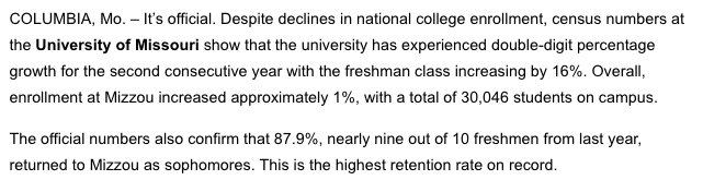 Dave_Matter's tweet image. Notes from Mizzou press release on enrollment increases: