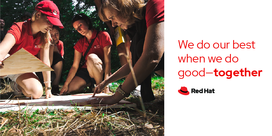 RedHat's tweet photo. Collaboration is a better way to build software―and a better world. Here’s how we partner with our communities: https://t.co/1zjlKTaegW #corporateresponsibility https://t.co/n7ofnWChCc