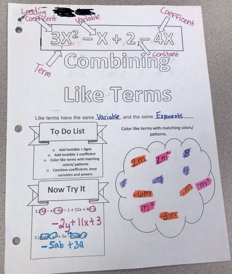 BTMath's tweet photo. Using color coding and doodle notes to help learn what like terms are #mathchat #algebra #colorcode https://t.co/hCIWuiOqAR