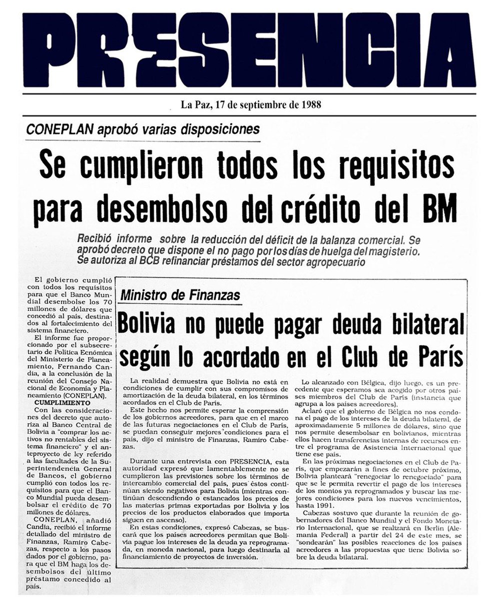 evoespueblo's tweet photo. Como hoy, 1988, se reportó que el gobierno de Víctor Paz había “cumplido todos los requisitos” para acceder a un préstamo del Banco Mundial. Prefirieron entregar nuestros RRNN y aceptar imposiciones externas a cambio de limosnas, en vez de reactivar la industria nacional. https://t.co/1Ly5KLTx6X