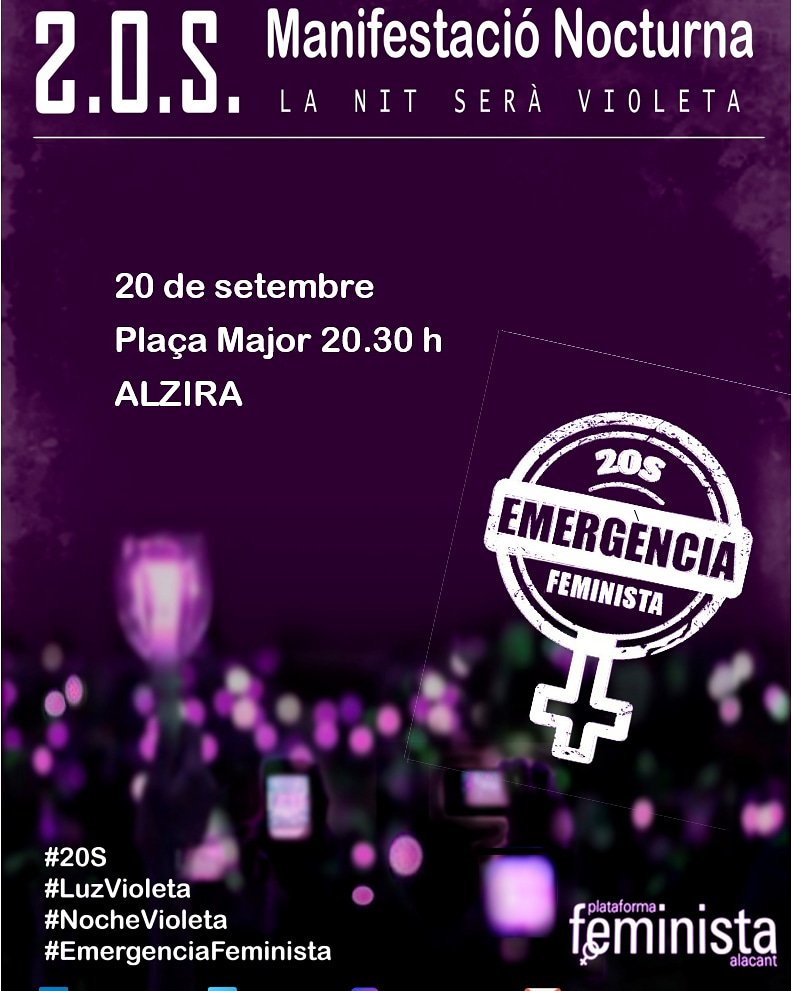 AmnistiaRibera's tweet image. #2OS #EMERGÈNCIAFEMINISTA
#ALZIRA

A causa de l'estat d'#EmergenciaFeminista , el pròxim #20S hem d'il·luminar també de violeta els carrers d'#Alzira.
S'ha organitzat una marxa des de la plaça Major (20:30)  a l'Ajuntament. 

Pel dret a viure en pau!!
LA NIT SERÀ VIOLETA