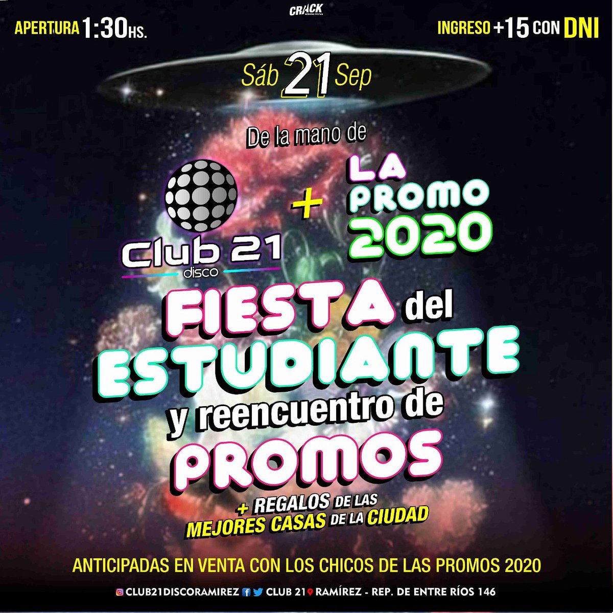 Se viene una noche con todas las promos de la zona!! Conseguí tu anticipada con los chicos de la promo 20😉 que no te la cuenten!😎