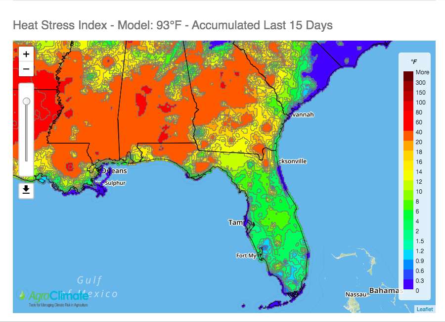 fraisse_clyde's tweet image. The heat stress tool on #AgroClimate is showing the Florida panhandle as well as the southern half of AL and MS as the hot spots during the last 15 days (degrees above 93F)!