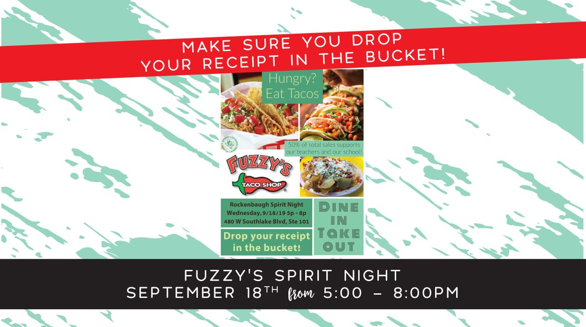 🌮💚Fuzzy's Taco 🌯💚
Rockenbaugh Spirit Night
Wednesday, September 18th
5:00p - 8:00p
480 W. Southlake Blvd, Ste 101
50% of total sales goes back to RES!