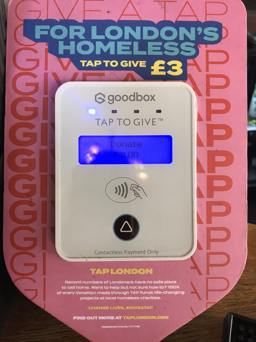 RachelBTweets's tweet photo. Spotted in @thekingsarmsse1. What a great idea @_GoodBox. 100% of donations given to charity. An easy and safe way to donate to a good cause. 
#homeless #charity #giveatap https://t.co/iu3q8U7kJi