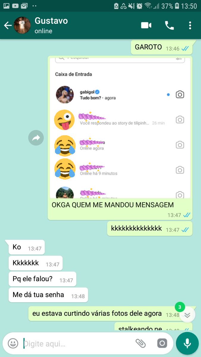 thainajura's tweet photo. trolei meu namorado dizendo que o Gabigol me mandou menssagem no instagram e ele caiu direitinho kkkkkkkkkkkkkkkkkkkkkkkk 
"da mole pra ele", ainda me vendeu kkkkkkkkkkk https://t.co/8ZkYg37Ob8