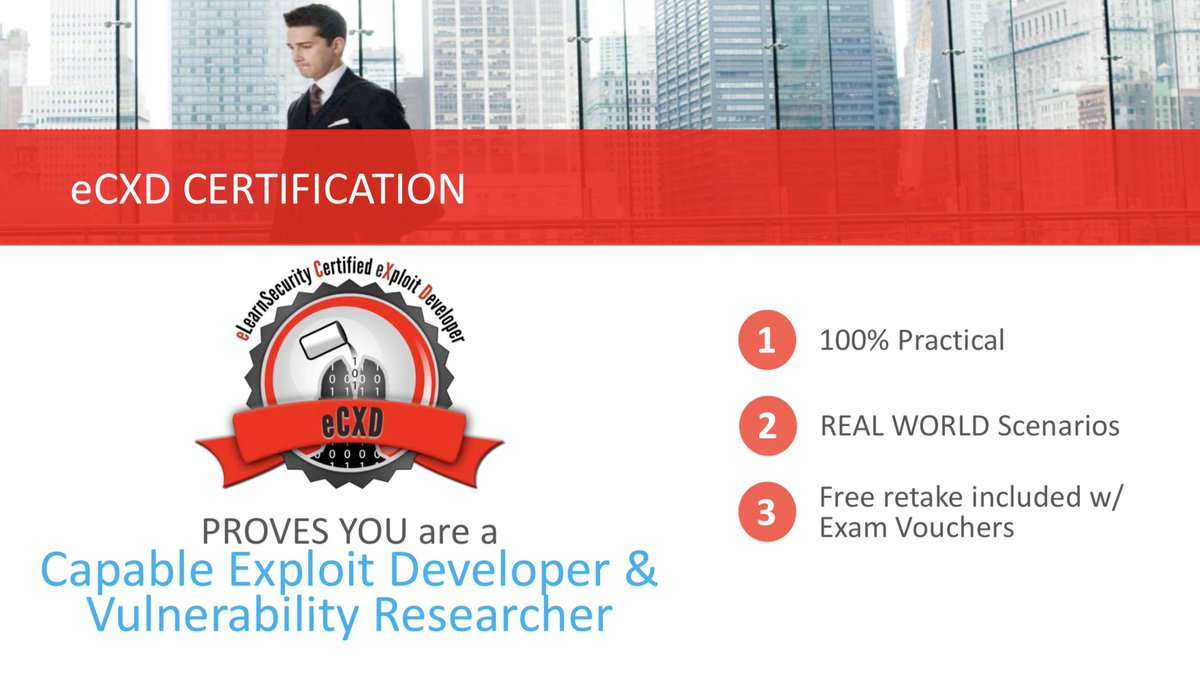 INEsecurity's tweet image. As an eLearnSecurity Certified eXploit Developer (eCXD) you&apos;re qualified for 40 CPE and is the perfect step to take if you’re looking to land a job as a #pentester, #exploitdeveloper, or #vulnerabilityresearcher!

#exploitdev #redteam #cybersecurity