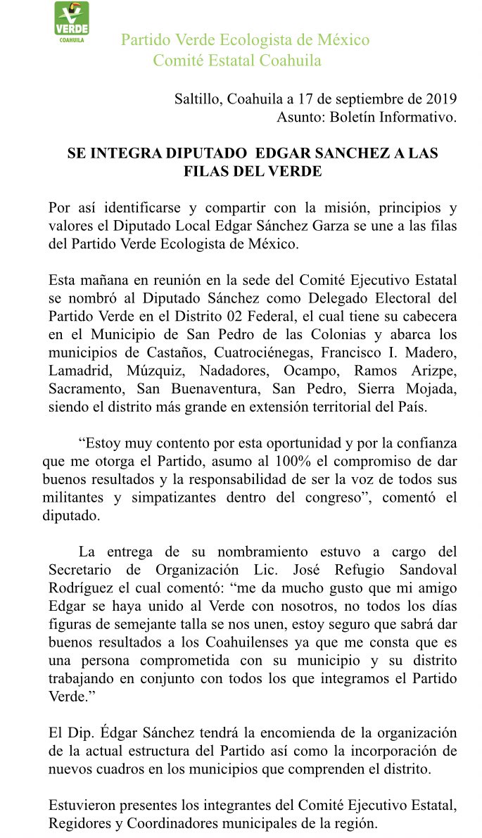 coahuila_verde's tweet photo. El día de hoy el Diputado @edgar_sagarza fue nombrado Delegado Electoral del @partidoverdemex ante el Distrito Federal 02 de #Coahuila  Un Nuevo integrante de nuestro Partido quien fortalecerá nuestra Trabajo @JOSEREFUGIOSR https://t.co/914TnH6oel