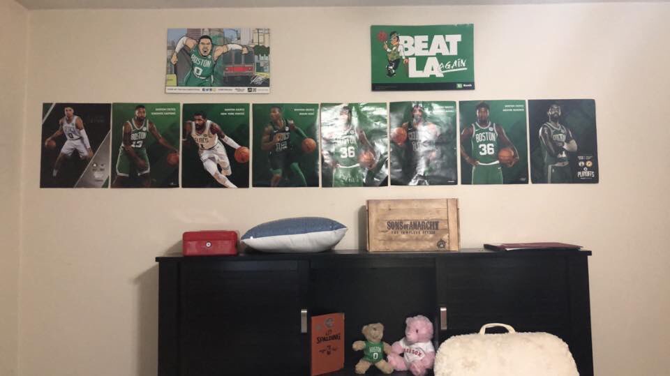 KHolmes95's tweet photo. I may have a slight addiction to Boston sports but hey itโs part of what I want to do with my life! This isnโt including all of my shirts and little things. #FutureSportsReporter @kylebelanger1 @RedSox @celtics @Patriots https://t.co/wEP7KKqmGQ