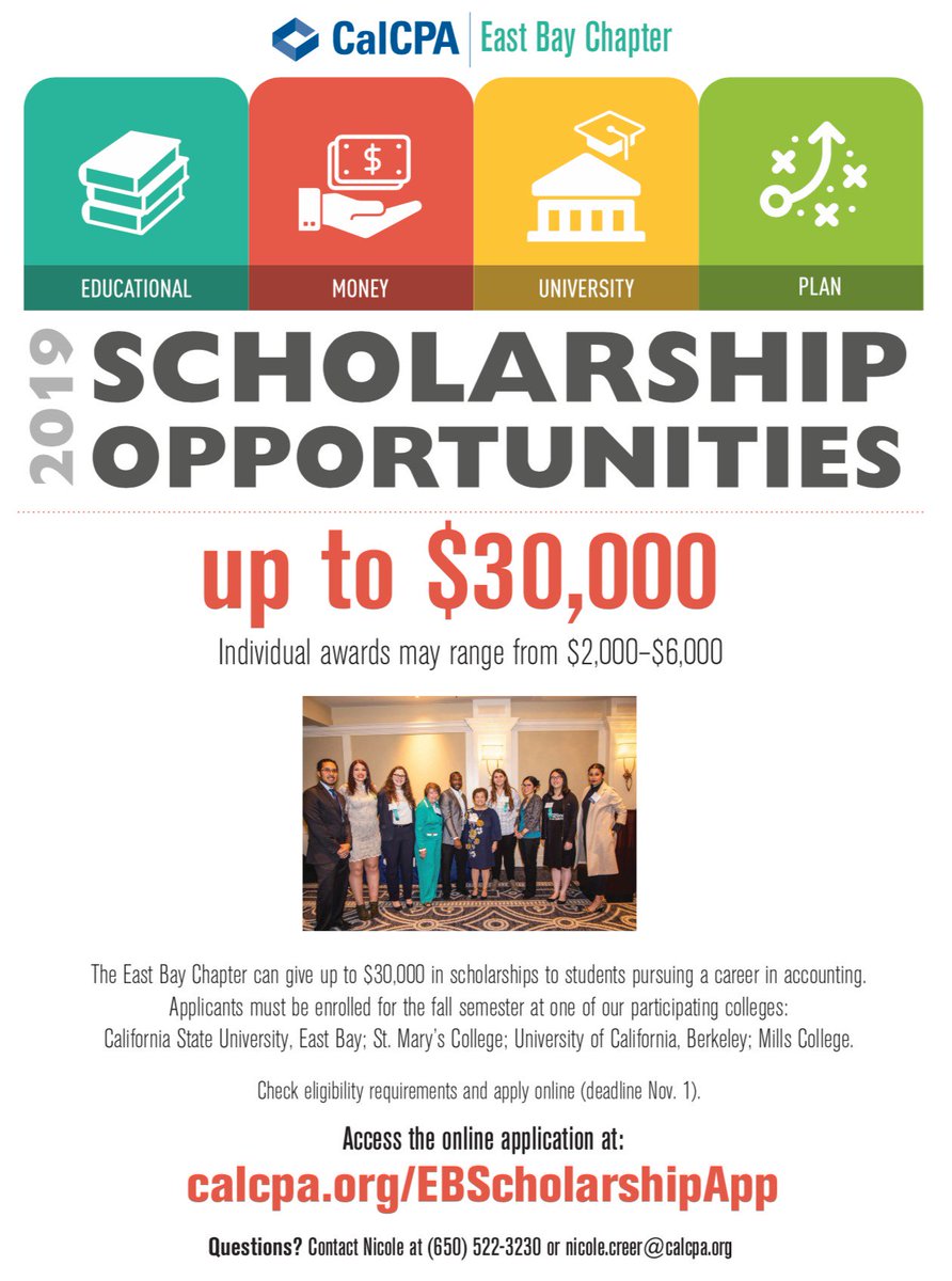 EastBayCBE's tweet photo. ACCOUNTING SCHOLARSHIP OPPORTUNITY
The East Bay Chapter of @Cal_CPA is giving up to $30,000 to students pursuing a career in accounting.
Applications are due Fri 11/1.
For eligibility requirements and more information, go to https://t.co/KDmuC9eoxR
#CSUEBCBE #CalCPA #Scholarship https://t.co/iTsycd8ula