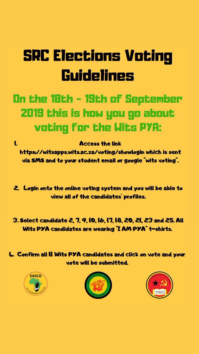 FreedomTsotetsi's tweet photo. Voting guidelines going into @Wits_SRC elections tomorrow and Thursday.
#sbwlPYA
#VOTEPYA11
#PYA4SRC
#PYALEADS ๐๐๐ค
@WitsElections @MYANC @SASCO_Wits @sascowits_educ @WitsPYA https://t.co/ck4osuTsYI