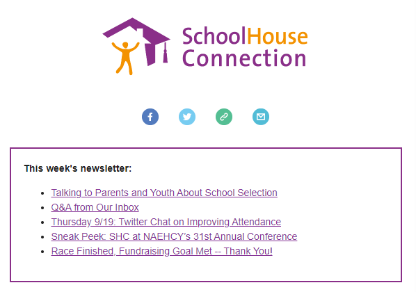 SchoolHouseConn's tweet photo. This week's newsletter: 
1. How to talk to parents and youth about #schoolselection [interview checklists]
2. Q&amp;A 
3. #TwitterChat on Thursday with @attendanceworks and @MENTORnational 
4. 5 Sessions at #NAEHCY2019 @NAEHCY 

Read the newsletter: https://t.co/NRvHlZ5F9X https://t.co/jSM0w3QNDj