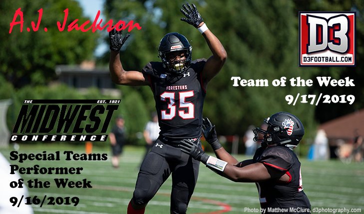 Congratulations to A.J. Jackson of @LFC_FOOTBALL on MWC Special Teams Performer of the Week and http://D3football.com Team of the Week honors! https://goforesters.com/sports/fball/2019-20/releases/20190917ks1bsz …