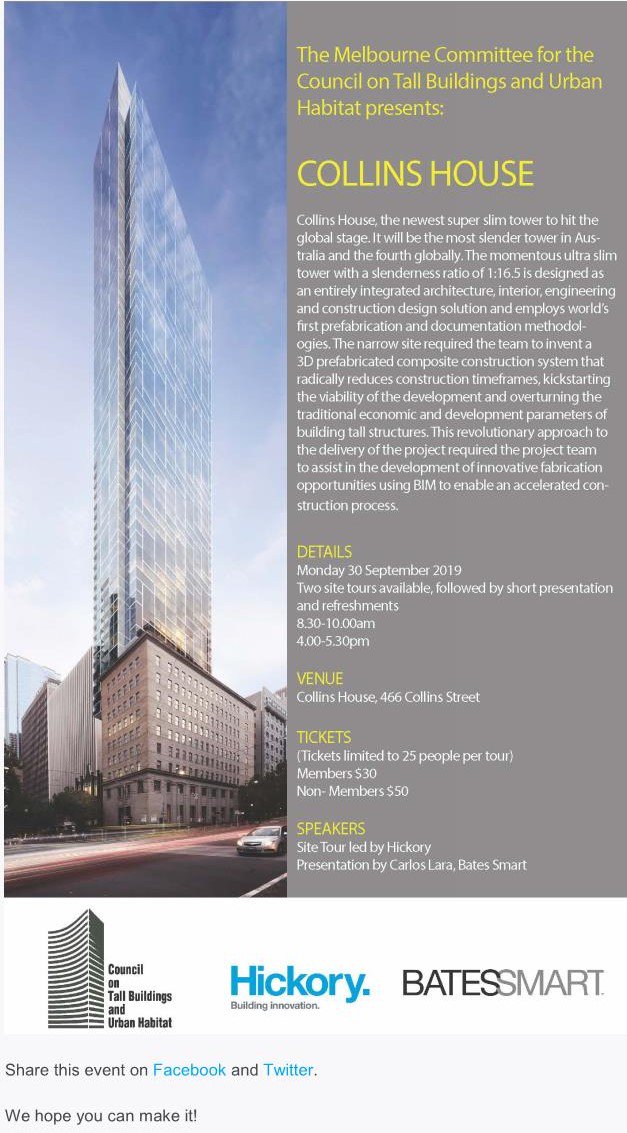 CTBUH_Aus's tweet photo. The Melbourne Committee of Council on Tall Buildings and Urban Habitat (CTBUH) - Australia Chapter  with Hickory  and Bates Smart, Australia are pleased arrange a two site tours of COLLINS HOUSE on 30th Sept 2019. 

Please register on the link below 
https://t.co/M1poc99HnJ https://t.co/YeMyuq6H2N