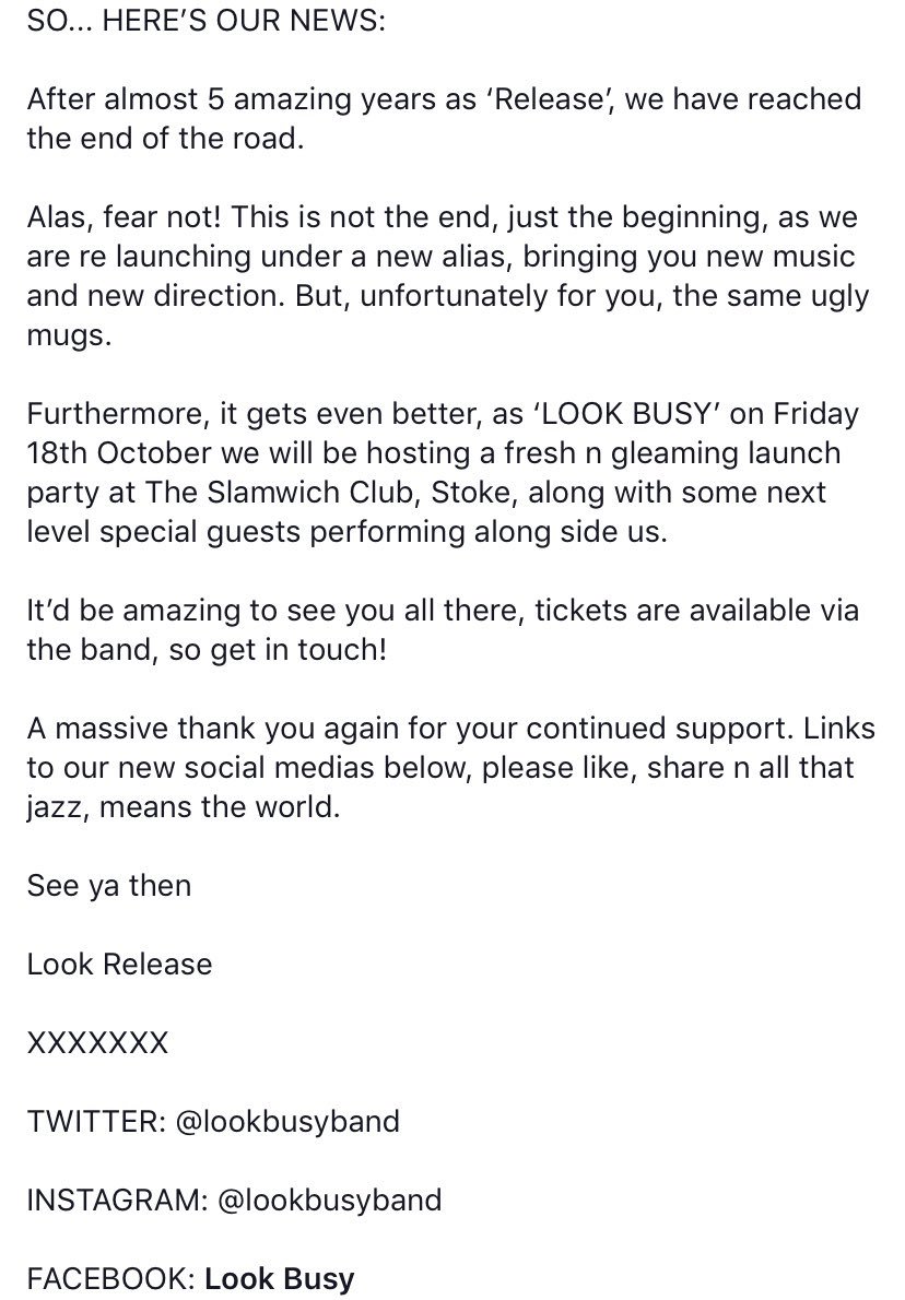 GO FOLLOW <a href="/lookbusyband/">look busy</a> 

As ‘Release’ we say THANK YOU SO MUCH AND GOODNIGHT. 

Fix up n <a href="/lookbusyband/">look busy</a> 

Spread the word xxxxxxxxx

<a href="/lookbusyband/">look busy</a>