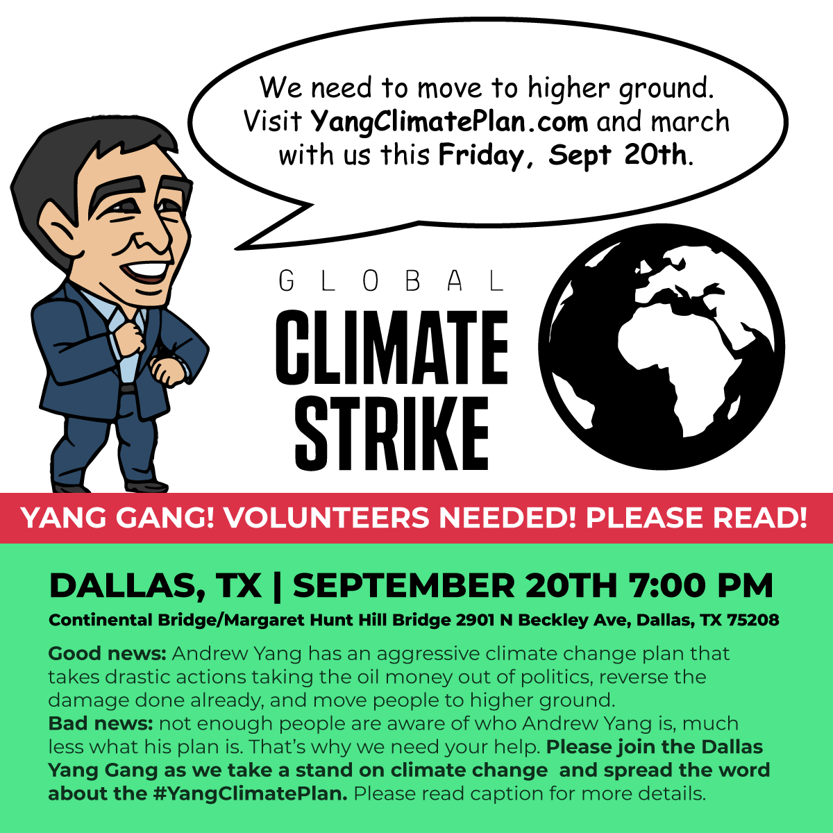 HumanityTexas's tweet photo. Climate change is a real crisis, and #yangclimateplan is the real solution. Let’s spread the word about Yang’s candidacy and aggressive climate plan by having a strong presence at the climate march on this Friday night at the Continental Bridge. You in??
https://t.co/i6FS5fciPz https://t.co/oySoSOqNWm