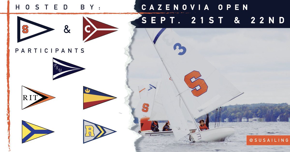 SUSailing's tweet photo. 5 MORE DAYS till SU Sailing’s event of the year that you WON’T wanna miss. Come by Willow Bank Yacht Club this Sat &amp; Sun for a weekend of sailing, great people, great vibes and lots of fun🍊 #sailfast #sailorange #Cazopen2019 #nyscollegesailingteam https://t.co/eowWXxntj8