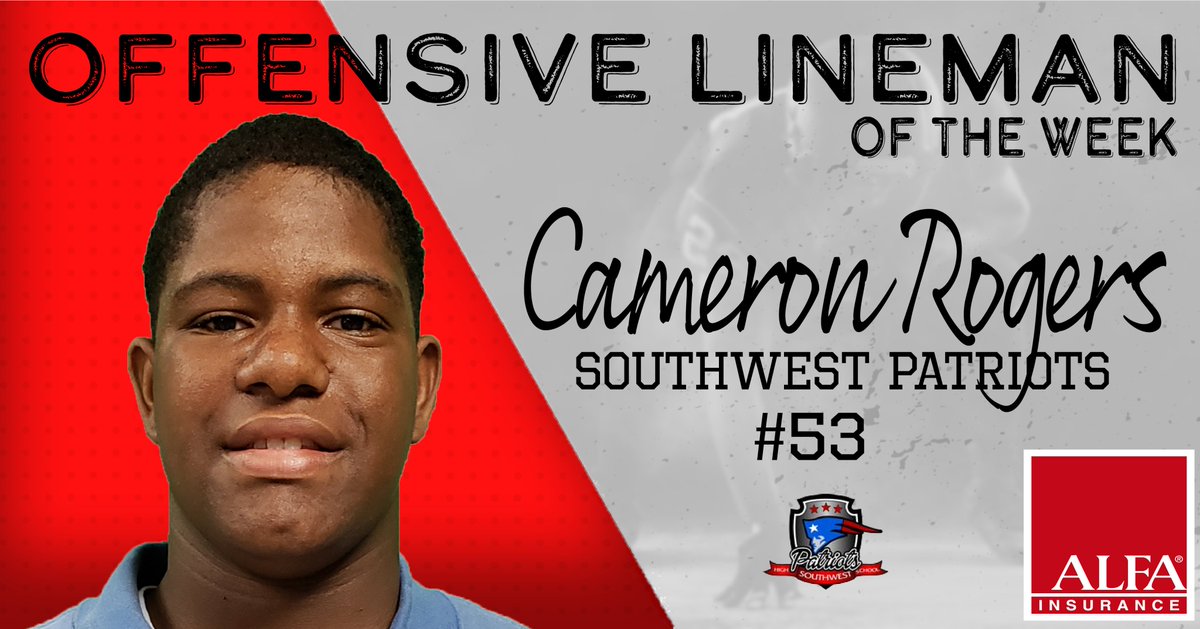 Please show some love for <a href="/Football_SWHS/">Southwest Football</a>'s Cameron Rogers.  He is the Alfa Insurance: Offensive Lineman of the Week. #alfainsurance #SouthwestBlessed #BibbVIP