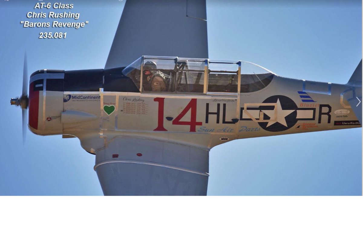 VanNuysAirport's tweet photo. Congratulations to our friend Chris Rushing for his Gold Championship win in the AT-6 class at the 2019 Reno Air Races. #CondorSquadron #IFLYVNY #1st  #iflyvny #Barons Revenge #@vnyofficial https://t.co/kQvPX6kj1S