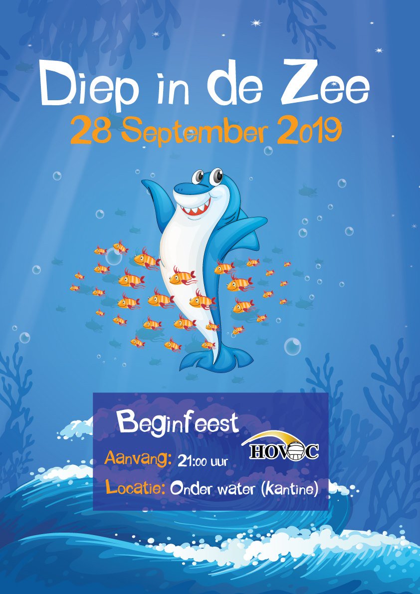 Het jaarlijkse beginfeest van Hovoc is op zaterdag 28 september (vanaf 21 uur)! Het feest zal plaatsvinden in een onderwaterwereld, diep in de zee, dus dos je uit met zwembanden, duikbrillen, vinnen en kieuwen, want mensen zullen verdrinken in elkaars ogen. Blub blub!