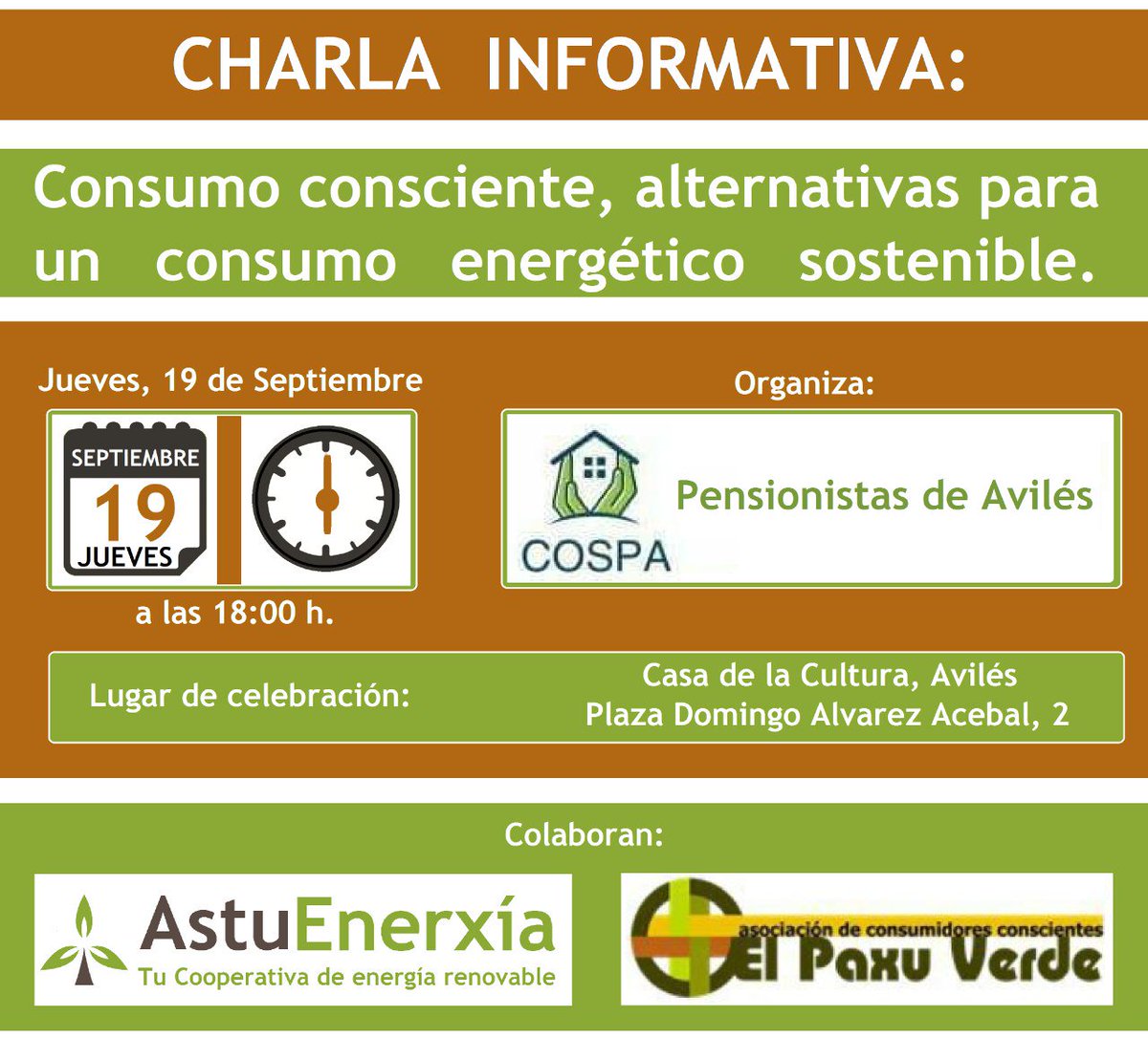 No te pierdas la charla que hemos organizado sobre CONSUMO CONSCIENTE🌎 donde participarán integrantes de la cooperativa <a href="/AstuEnerxia/">AstuEnerxía</a> y El Pachu Verde(Asociación de Consumidores Conscientes)
#MovimientoPensionistaAvilés
#AstuEnerxia
#ElPachuVerde
#ConsumoConsciente
#concienciadas