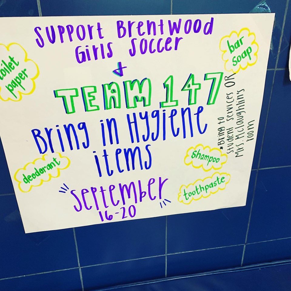 147Team's tweet photo. Big S/O to Brentwood High School’s Lady Bruin Soccer Team for doing a 147 Team Hygiene Collection.  We can not imagine the dignity &amp; love a child can receive by getting these items.  Thanks so much for having such sweet hearts!  @wcsBHSkm 
#147Team 
#onemore 
#goingthesecondmile https://t.co/c4AyPuH6zM