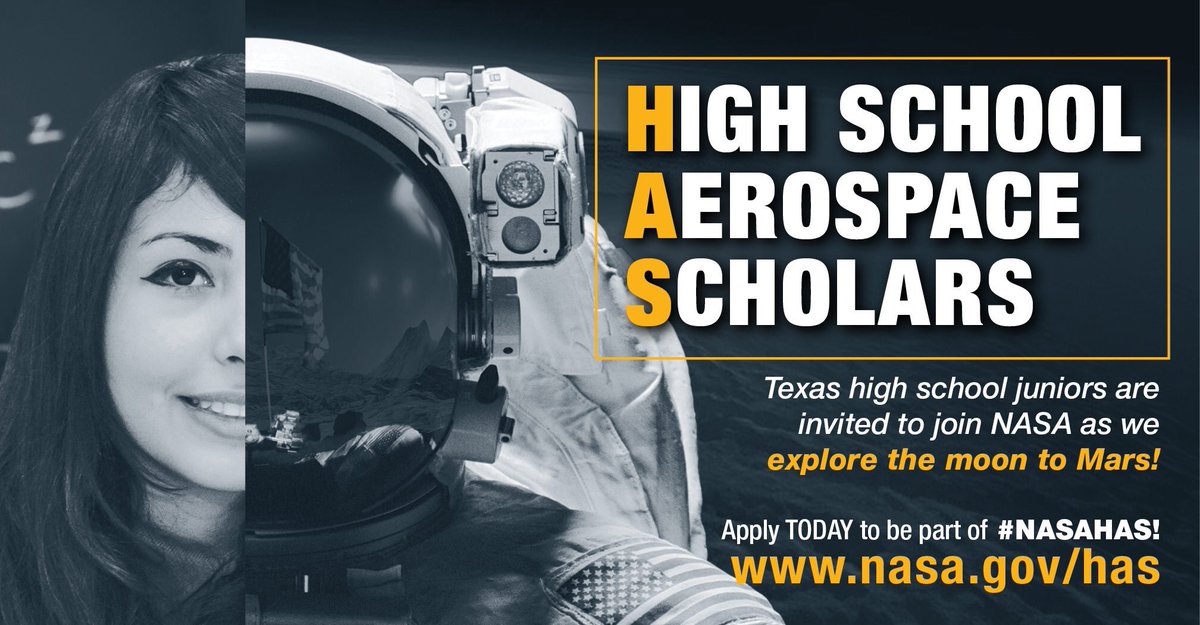 Bridge_by_Hope's tweet photo. BRIDGE SCHOLARS !! The @NASA High School Aerospace Scholars (HAS) program is seeking 11th grade Texas students to participate in a FREE STEM program. Applications accepted through October 23, 2019. For more info: https://t.co/GErJ9L6Vll 
#NASA  #Scholarship  #BridgebyHope https://t.co/LcQLlLHDxB