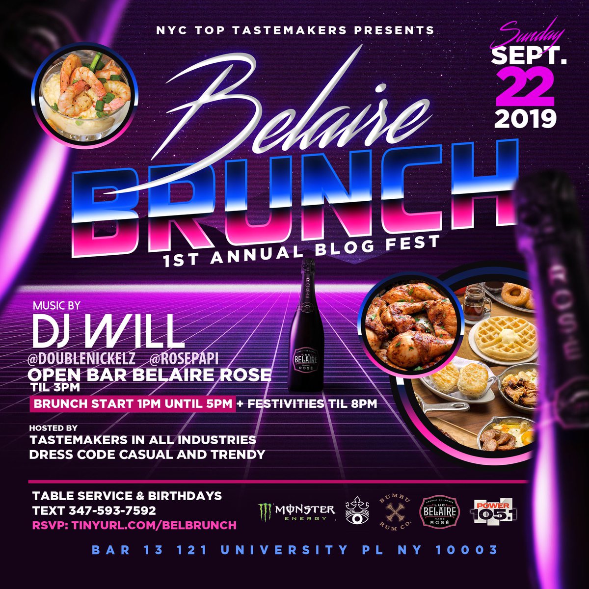 This Sunday Sept 22nd come out and join me at Bar 13 for a Belaire brunch &amp; networking event. Hosted by top tastemakers in NYC! Music by Power 105s own <a href="/djwillnyc/">DJ Will @Power1051</a> More info text ☎️ 347-593-7592
