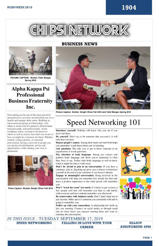AkpsiChipsi's tweet photo. Greetings Tigers! Are you ready for tonight’s business?! The Brothers of Alpha Kappa Psi, Chi Psi Chapter, is hosting “Networking With the Bosses, While Falling in Love  with Your Career” from 6pm-8pm in Elliot Hall.#ChiPsiNetwork #ThisAintForEveryBody #JoinUsNowOrWorkForUsLater https://t.co/yKZNxdObVz