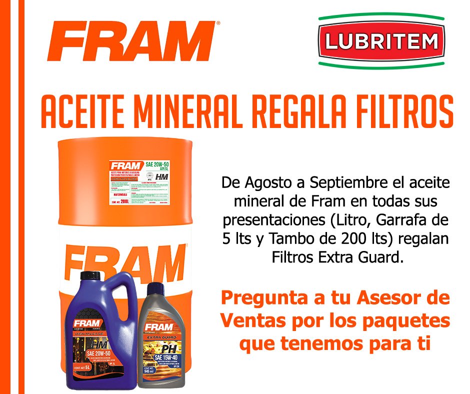 lubritem's tweet photo. MEGA PROMOCIÓN EN MINERAL Y TAMBOS DE ACEITE FRAM
Pregunta a tu Asesor de Lubritem por la mecánica de esta promoción.

#AceiteFram #FRAM #Lubritem #promociones #MesPatrio https://t.co/oRC0c9okdL