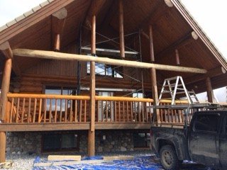 MH_WoodS's tweet image. A difficult lateral replacement beam near Cypress Hills,AB.  In order to replace it, support posts aid ridge and purlins to support them while the rotted post is removed.  The beam is then replaced as three pieces.  Smaller braces are added to alleviate shifting. #logbuilder