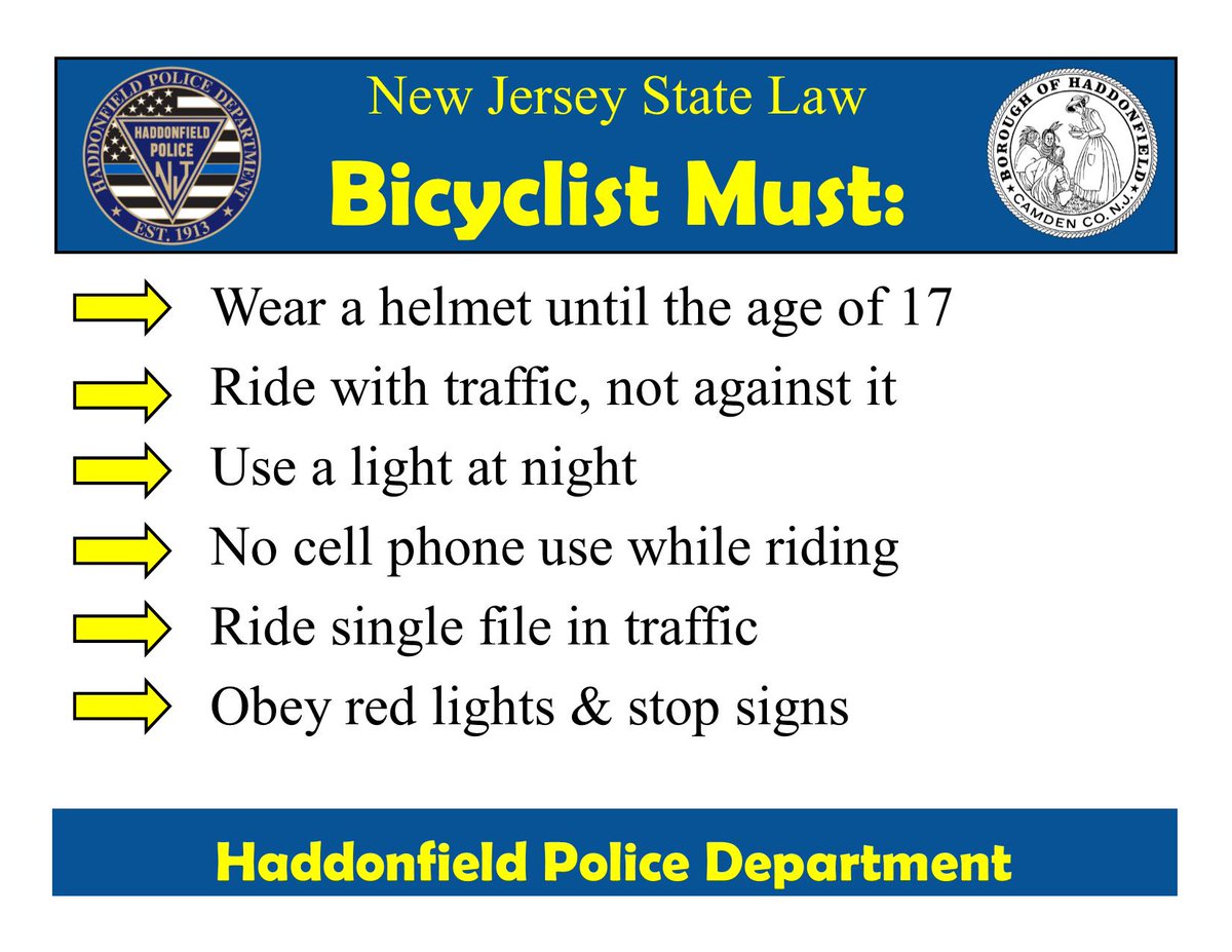Bicycle saftey information............. Parents please help us keep your kids safe  njbikeped.org/whats-the-law-……/ and state.nj.us…/comm…/bike/pdf/bicyclingmanual.pdf