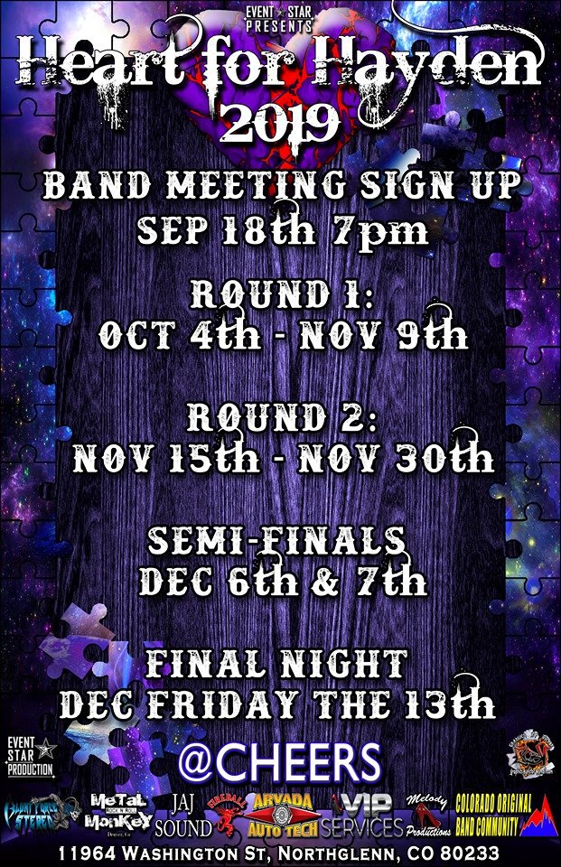EventStarPro's tweet photo. #HeartForHayden2019 #Band Meeting &amp; Signup @AtCheers this Wednesday Night 7pm to benefit
@JudisHouse! 30-40 #localbands #roc the #FireballStage every Friday &amp; SaturdayNight Oct 4-Dec 13 except #Halloween #SupportLocalMusic &amp; #LocalBands #Denver #Aurora #Northglenn #ColoradoEvents https://t.co/VTvPQA7xnX