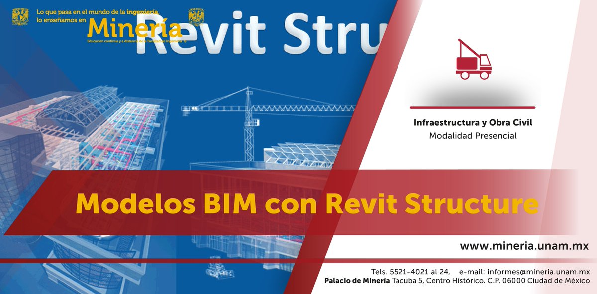 MineriaUNAM's tweet image. ¿Te gustaría aprender a utilizar el programa #RevitStructure para la generación de #ModelosBIM? Participa en el #curso. 
Del 7 al 11 de octubre de 17:00 a 21:00 horas. 
Sede: #PalacioDeMinería. 
Temario, precio y registro en:  ow.ly/em1i30pyiuU
#Arquitectos #Ingenieros