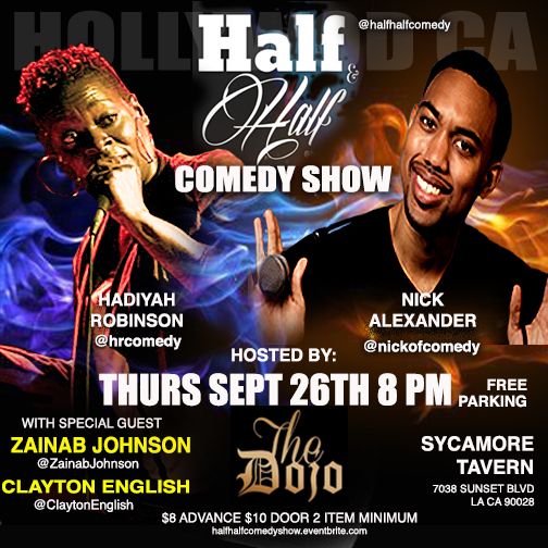 Check out our show on September 26th at 8 PM Sycamore Tavern. We're featuring Zainab Johnson (@zainabjohnson ) and Clayton English (@claytonenglish ) for two amazing 30 min sets. 
#comedy #comedyla #lacomedy #hollywoodevents #laughitup