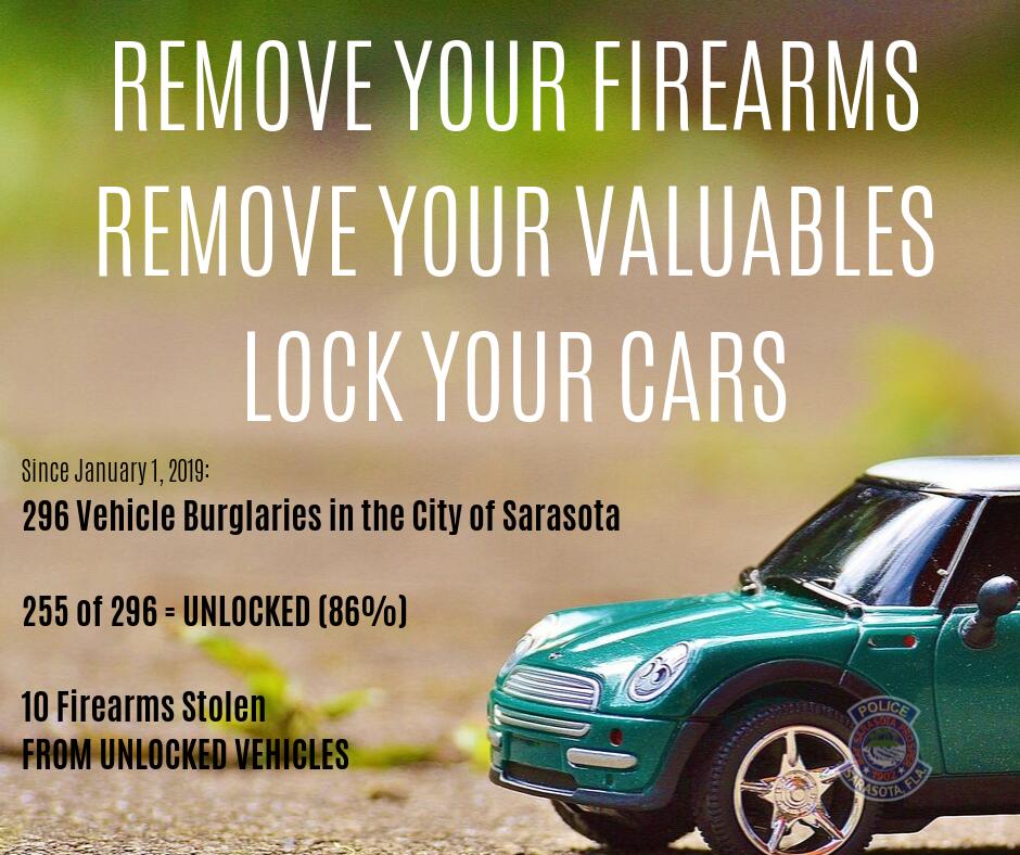 SarasotaPD's tweet photo. REMOVE FIREARMS. REMOVE VALUABLES. PLEASE LOCK YOUR CARS. 

Since January 1, 2019 there have been 296 vehicle burglaries in @CityofSarasota😭255 of the 296 happened when VEHICLES WERE LEFT UNLOCKED! THAT'S 86%!😭10 firearms were stolen! 

Dont make it easy for criminals #Sarasota https://t.co/5sdMoKk5Ef