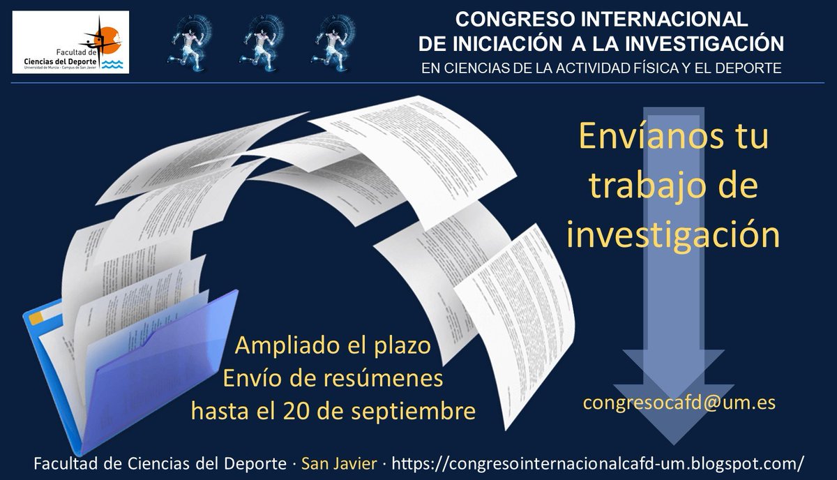 Últimos días para enviar trabajos al #congreso de la <a href="/umucafd/">CAFD UMU</a> <a href="/UMU/">Universidad Murcia</a> <a href="/UMUdeportes/">UMUDeportes</a> <a href="/UMUdivulga/">UMU Divulga</a> Aprovecha la oportunidad de presentar tu trabajo de #investigación en #actividadfísica y #deporte