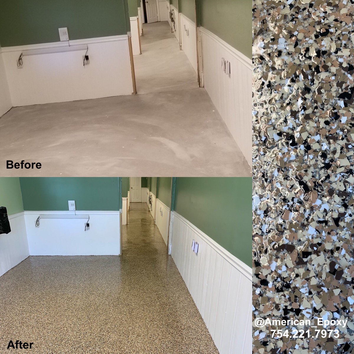 American_Epoxy's tweet photo. #TransformationTuesday We had a blast updating this office's floor with flake epoxy in river rock! Contact us today for your free estimate 754-221-7973 #americanepoxy https://t.co/LHkYr57gpP
