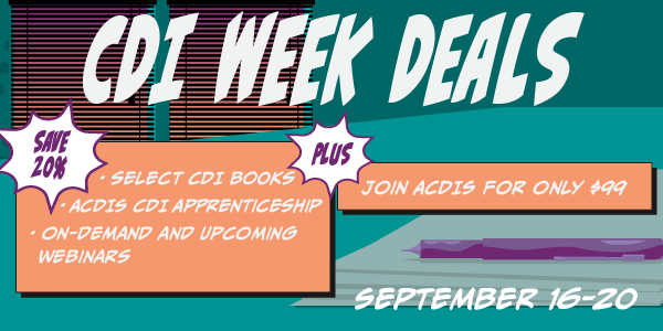 ACDISEditor's tweet photo. Have you taken advantage of yesterday's @ACDIS membership #CDIweek2019 discount yet? Use code SUPERSAVINGS to get a new #ACDIS membership for $99 and today use code CDIWeek2019 to get 20% select #CDI books! https://t.co/yToXIVGI7O https://t.co/E07pKJ6quZ