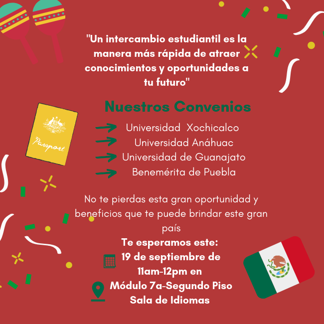CooperacionUJTL's tweet photo. Si quieres conocer más sobre las oportunidades de intercambio de estudio en México en diferentes carreras. Te esperamos este 19 de septiembre de 11am a 12pm, en la Sala de Idiomas-Módulo 7A- Segundo Piso.🇲🇽🇲🇽🇲🇽 https://t.co/UNqrEqV5pb