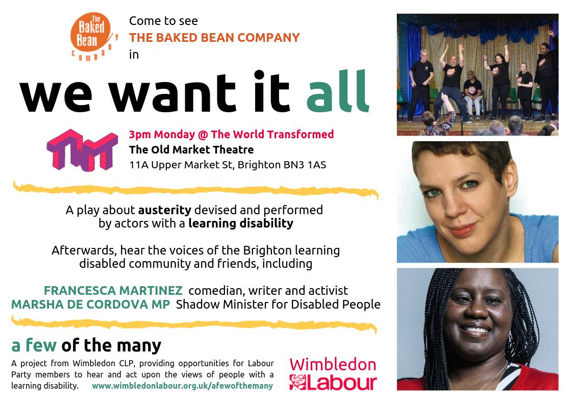 afewofthemany's tweet photo. Ever seen a play devised and performed by people with a learning disability about their lives? About the impact of austerity? About time you did! Come and see us @TWT_NOW on Monday https://t.co/Edh338H4yS @MarshadeCordova @chessmartinez @WimbledonLabour @BakedBeanCo Pls RT ✊🌹 https://t.co/24MEhmzJL4