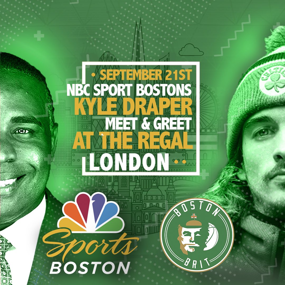 TheBostonBrit's tweet photo. This Saturday at the @RegalBasketball @NBCSBoston @KyleDraperTV is coming to #LDN 🙌🏻
▫️
who’s wants in? Simply like and or retweet for your last chance to attend
▫️
#TheBostonBrit #AlwaysElevate #NBA #BostonCeltics #KyleDraper #CUsRise #Boston #NbaInTheUK #Basketball #USA #Ball https://t.co/xUNQeniFvF