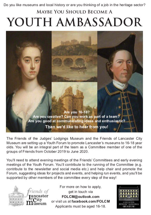FOLCM1's tweet photo. Reminder that we, along with the Friends of the Judges' Lodgings, are looking for Youth Ambassadors aged 16-18 to help us plan fun events &amp; projects. Great for your CV, learn new skills, meet new people &amp; share your love of history! 🏛 @LMuseums @LancasterMuseum @fo_jll https://t.co/Hb9MFc4XtL