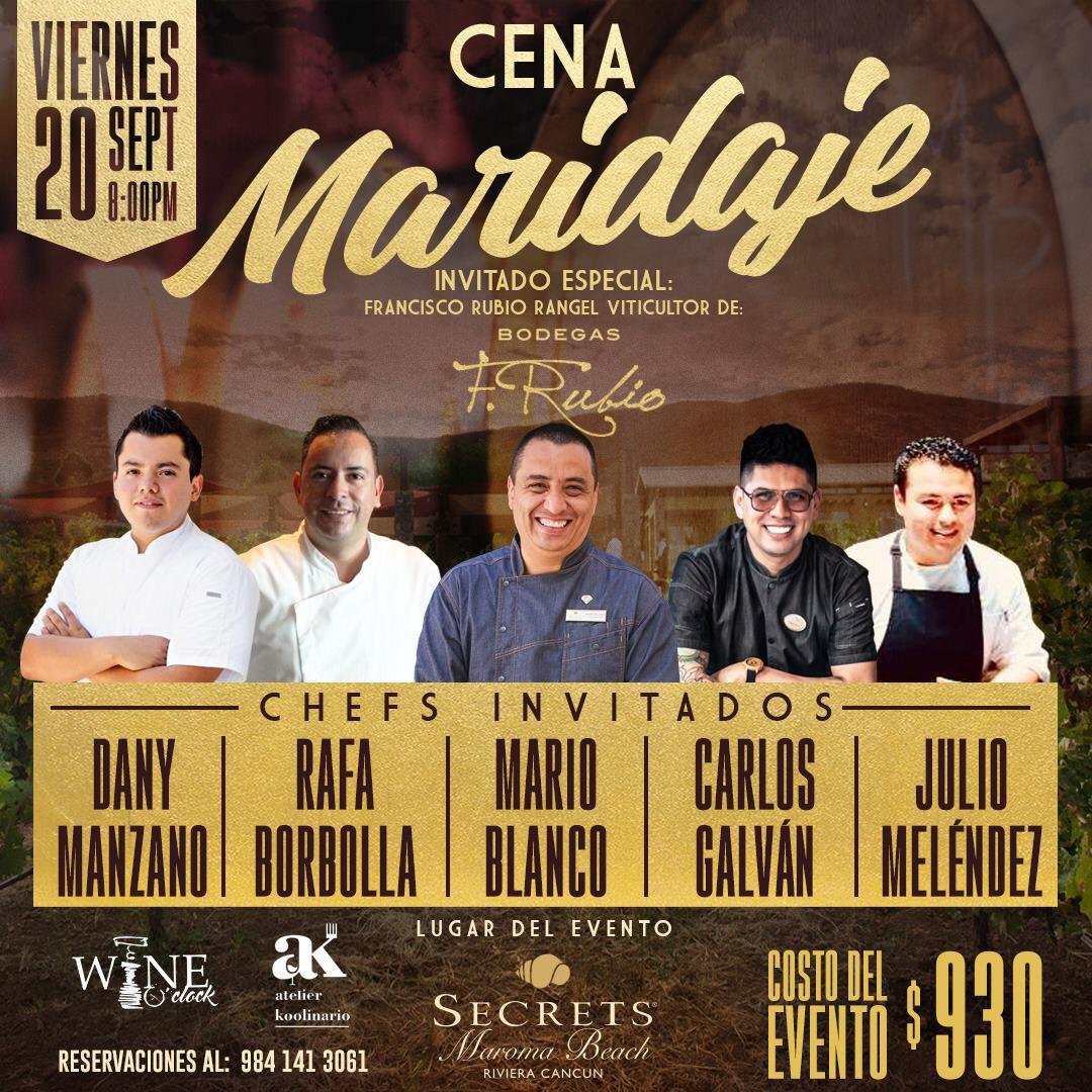 Reserve su lugar para una cena maridaje estelar en #SecretsMaroma Beach Riviera Cancún este 20 de septiembre a las 8:00 p.m.
Acompáñenos para degustar el arte en la cocina de una alineación de Chefs sin comparación, y el vinicultor Francisco Rubio Rangel. RSVP: Tel. 984 141 3061
