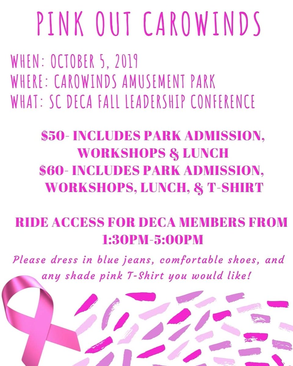 SCDECA's tweet photo. "Don't forget this week is the last week to register for fall leadership! Once again fall leadership will be at Carowinds on October 5th! #DOITFORSCDECA by wearing your pink t-shirts to spread breast cancer awarness!" https://t.co/3gIO6eRseN