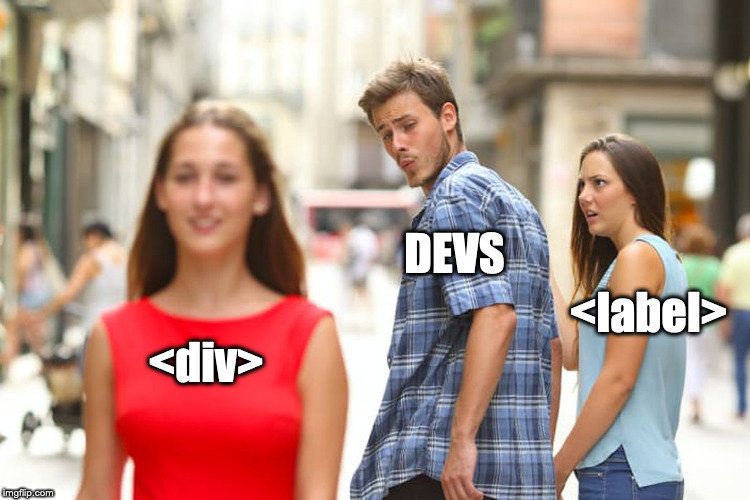 Distracted boyfriend meme: guy looking at <div> while holding hands with <label>