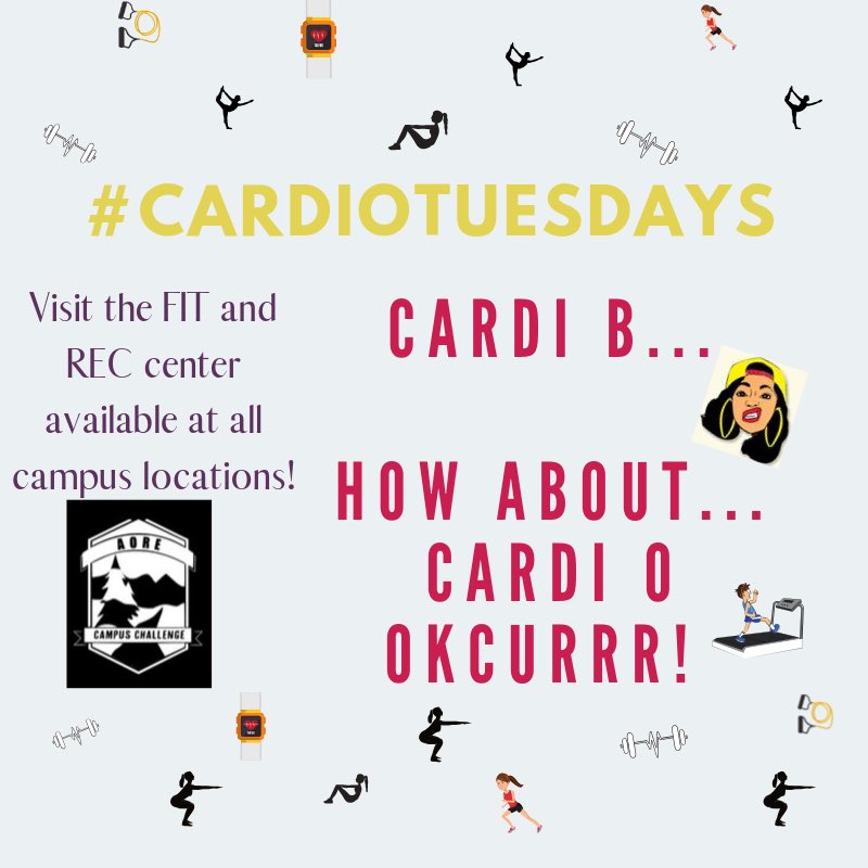 HealthyTWU's tweet photo. Today is #cardiotuesday ! We are celebrating #nationalwellnessweek ! Please be sure to check out the fit and rec center and our new aore app (previously known as outdoor nation) for future campus challenges ! #cardib #cardio #fitlife  #boldlygo https://t.co/LmYDBA3X6E