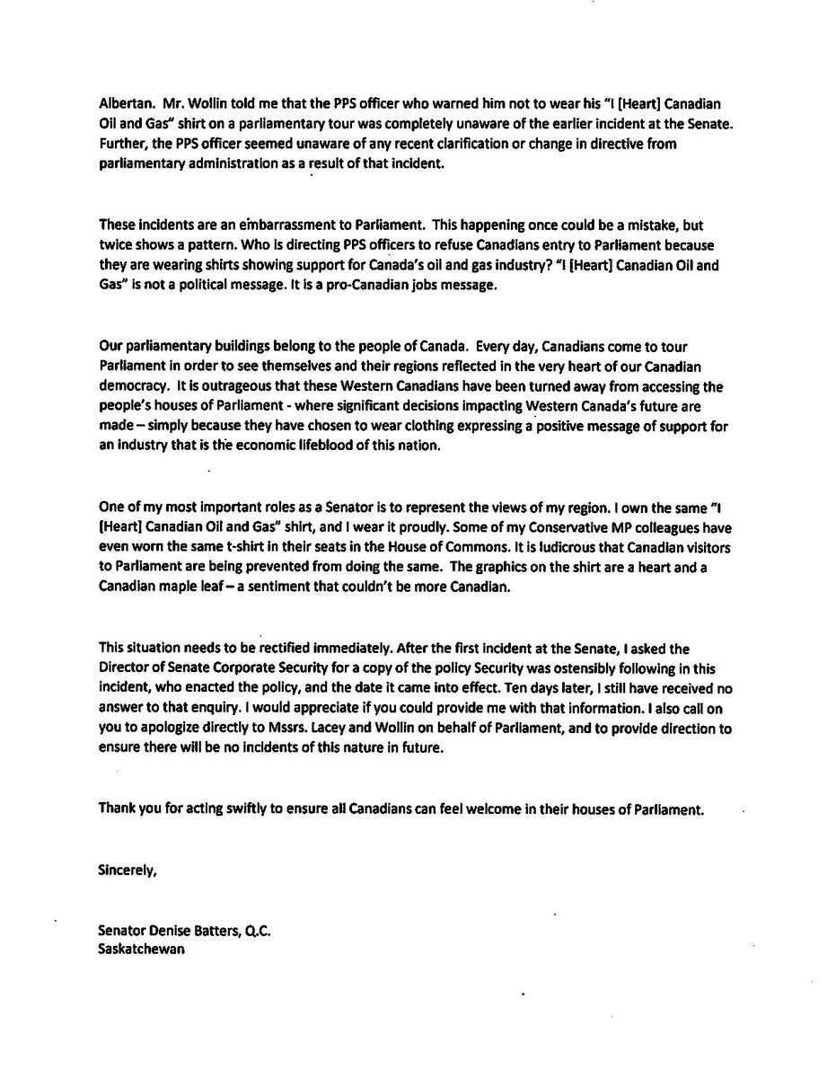 denisebatters's tweet photo. Outrageous that another Canadian was turned away from their Houses of Parliament because they wore “I ❤️🇨🇦 Oil &amp; Gas” shirts! Who is directing this?
Here’s my letter to #SenCA &amp; #HoC Speakers demanding answers and action, so this never happens again: https://t.co/sB3jWh9lpO