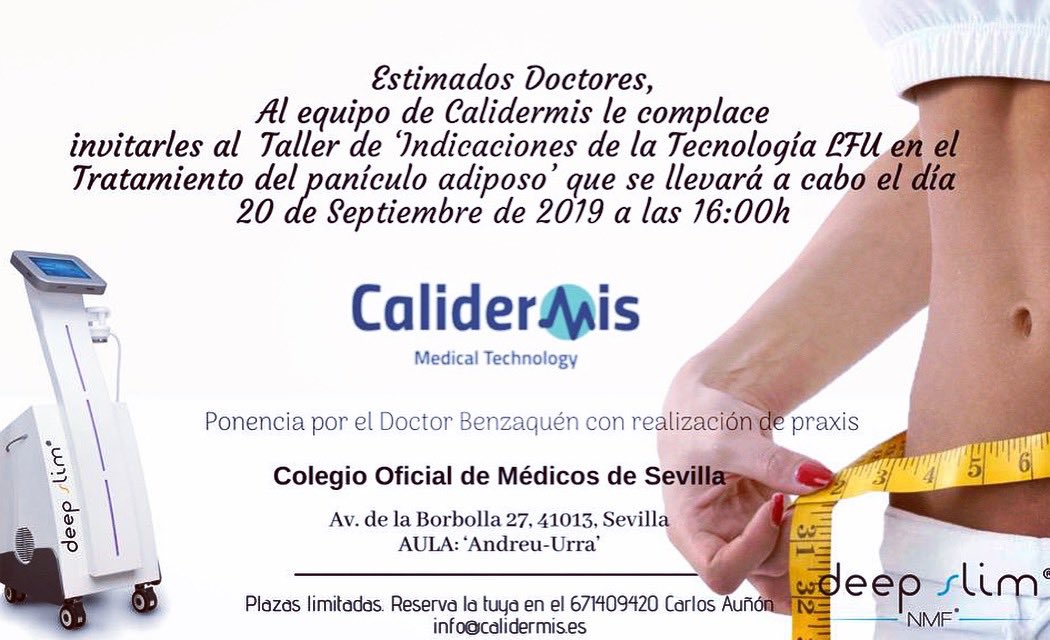 Calidermis Medical Technology (@calidermis) on Twitter photo Os recordamos que el viernes 20 tendrá lugar el taller de LFU en el Colegio de Médicos de Sevilla a las 16:00 impartido por el Dr. Abraham Benzaquén. Puedes confirmar tu asistencia en info@calidermis.es p en el 671409420
#Medicina #medicinaestética #Dermatología #deepslim Os recordamos que el viernes 20 tendrá lugar el taller de LFU en el Colegio de Médicos de Sevilla a las 16:00 impartido por el Dr. Abraham Benzaquén. Puedes confirmar tu asistencia en info@calidermis.es p en el 671409420
#Medicina #medicinaestética #Dermatología #deepslim